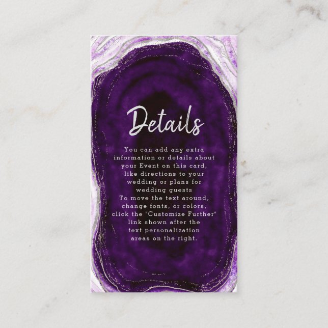 Amethyst Purple & Silver Geode Wedding Details Enclosure Card (Front)