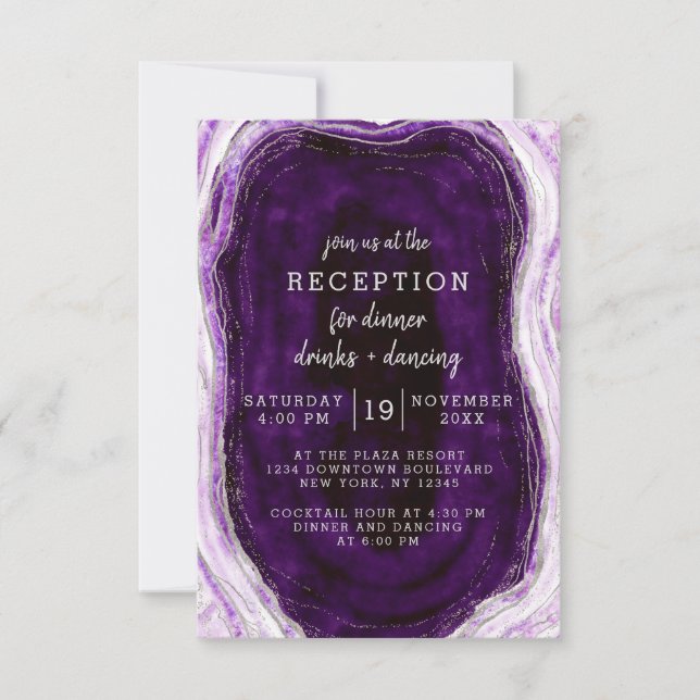 Amethyst Purple & Silver Geode Wedding Reception Invitation (Front)
