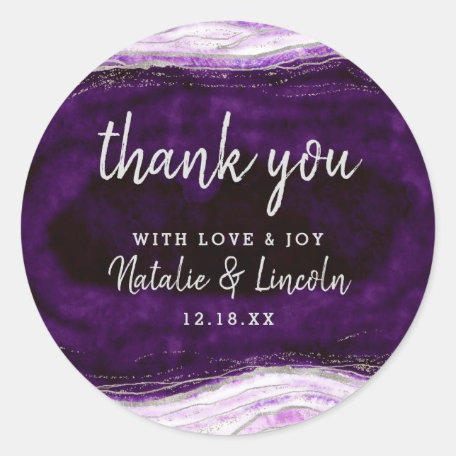 Amethyst Purple & Silver Geode Wedding Thank You Classic Round Sticker (Front)