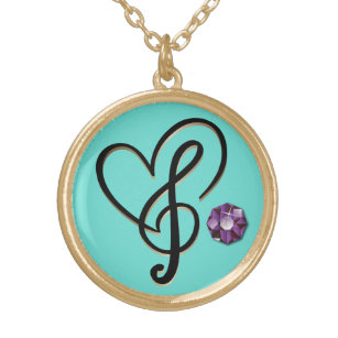 Amethyst Rhinestone Heart and Music Note  Gold Plated Necklace