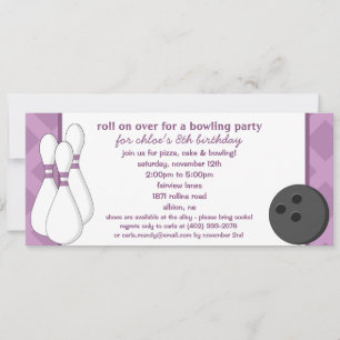 Amethyst Roll on Over Bowling Birthday Party Invitation