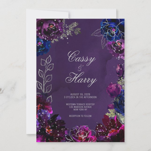 Amethyst Sapphire Jewel Tones Surnames Wedding Invitation (Front)
