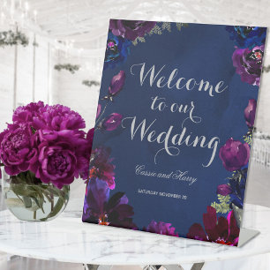 Amethyst Sapphire Navy Jewel Tone Wedding Welcome Pedestal Sign
