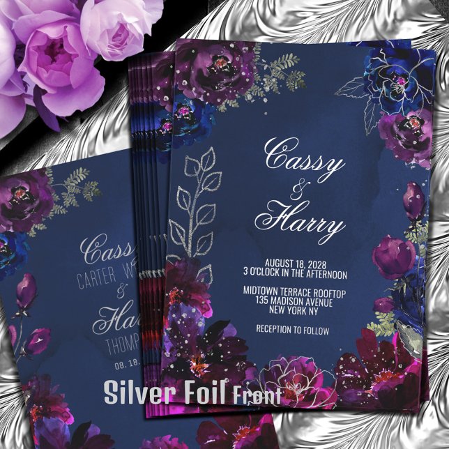 Amethyst Sapphire Navy Jewel Tones Wedding (Silver Foil version. The silver foil is only on the front of this invite.)