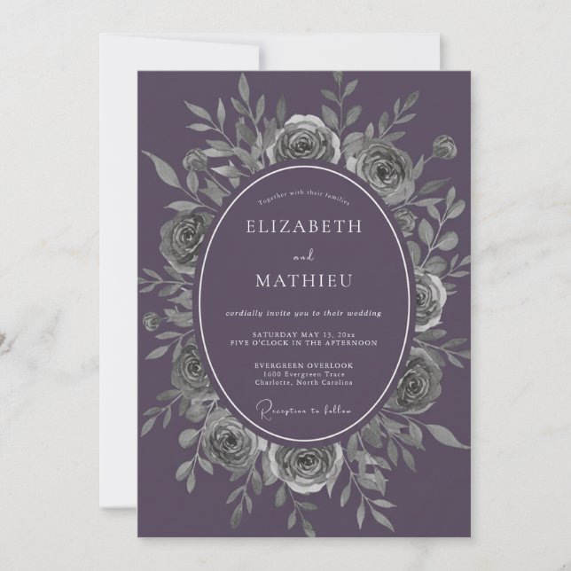 Amethyst Silver Leafy Wedding Invitation (Front)