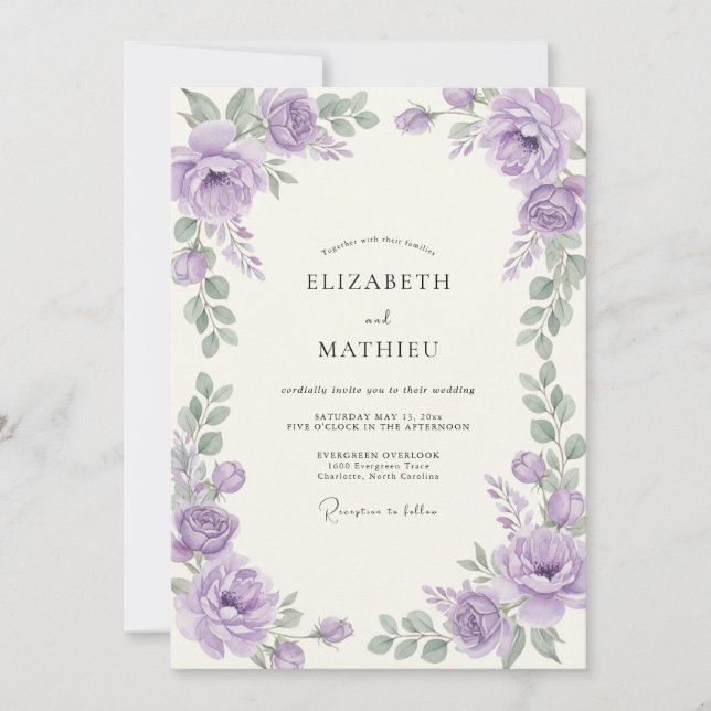Amethyst Silver Ranunculus Eucalyptus Wedding Invitation (Front)