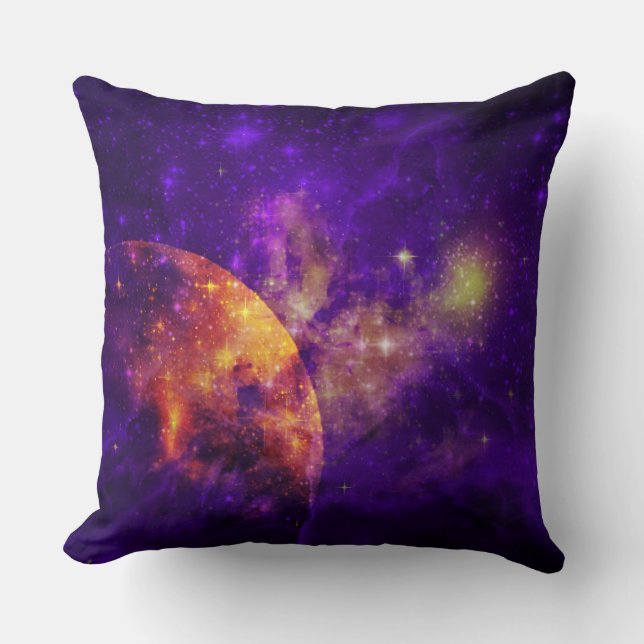 Amethyst Sky, Golden Planet n Nebula Throw Pillow (Front)