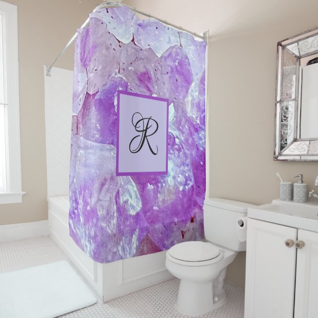 Amethyst Sparkles Purple Quartz Gemstone Monogram Shower Curtain (In Situ)