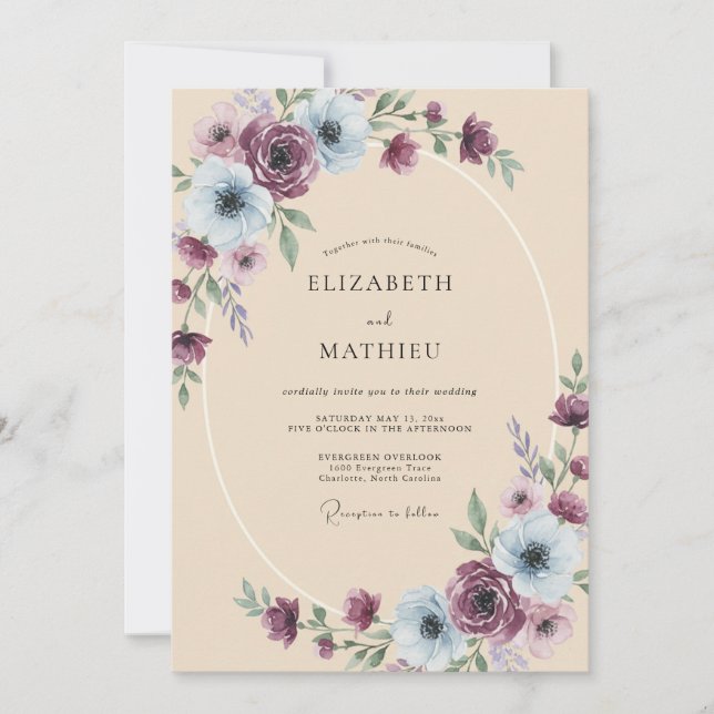 Amethyst Steel Ranunculus Eucalyptus Wedding Invitation (Front)