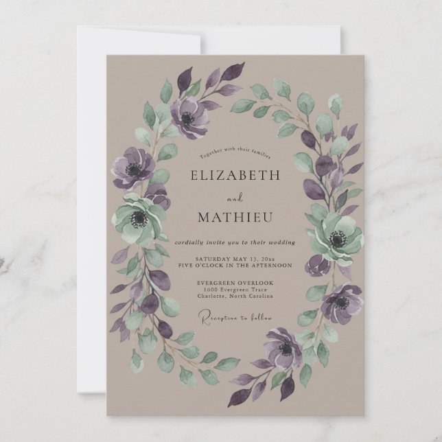 Amethyst Taupe Wreath Wedding Invitation (Front)