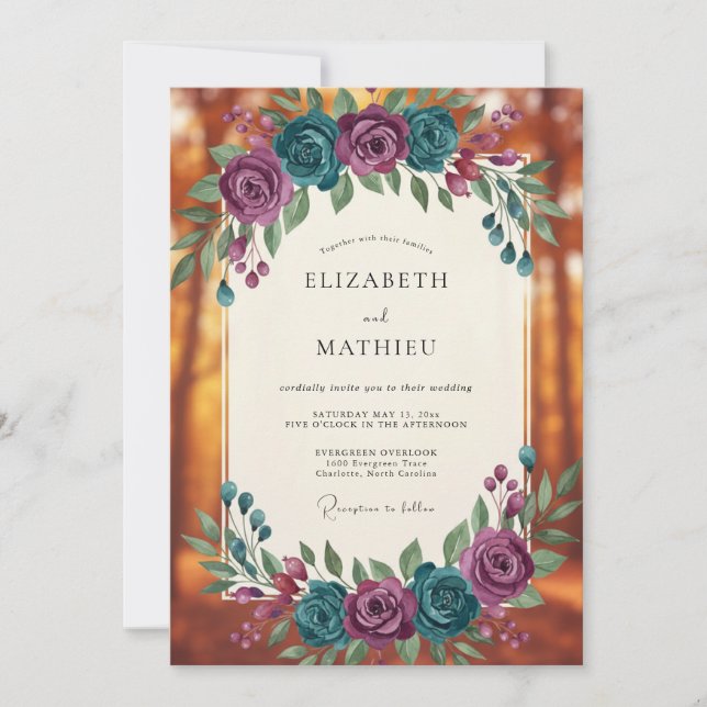 Amethyst Teal Bouquet Eucalyptus Wedding Invitation (Front)