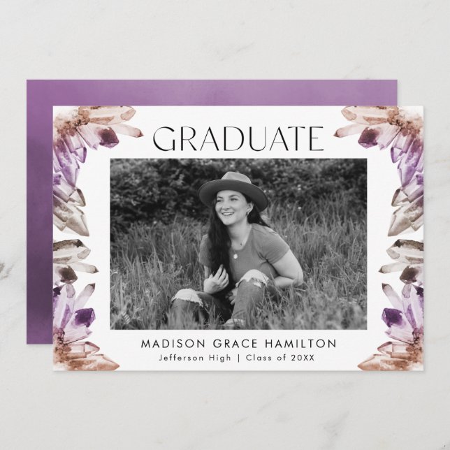 Amethyst Watercolor Crystal Photo Graduation Party Invitation (Front/Back)