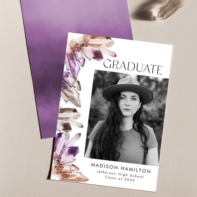 Amethyst Watercolor Crystals Photo Graduation Announcement (Creator Uploaded)