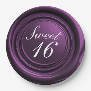 Amethyst Wax Seal Drip Classy Sweet 16 Wedding Paper Plate