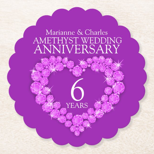 Amethyst wedding 6th anniversary heart coasters (Front)
