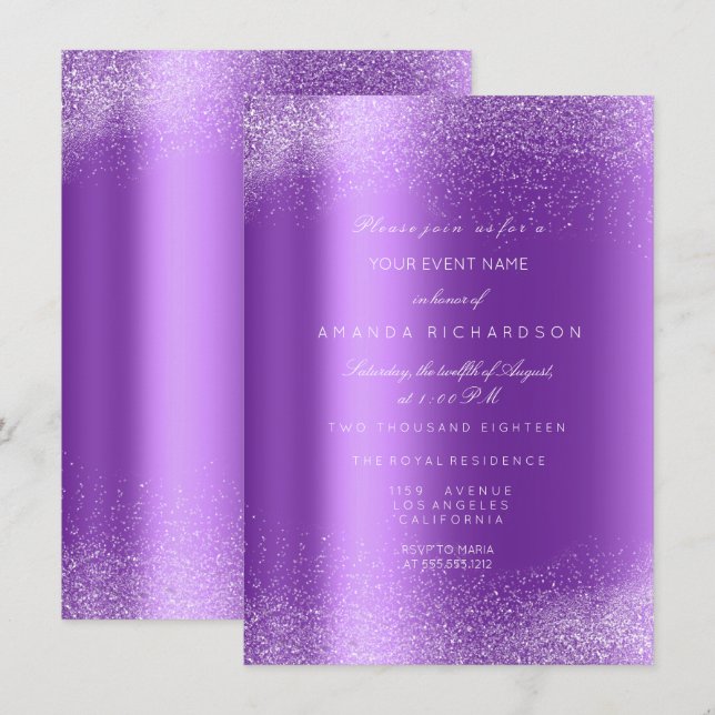 Amethyst White Glitter Leafs Sand Frame Glam Invitation (Front/Back)