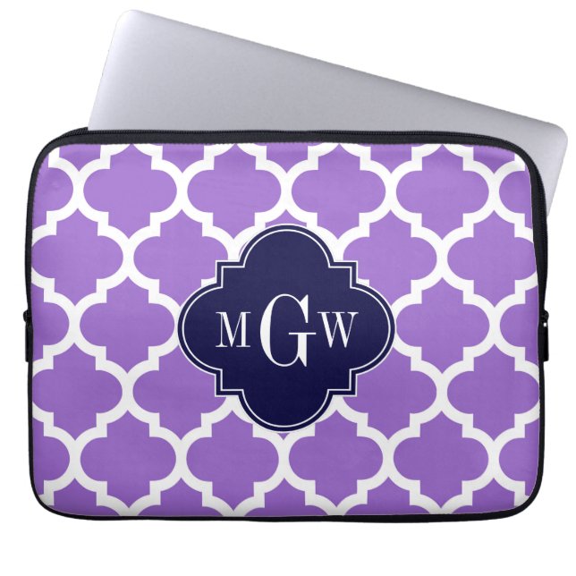 Amethyst White Moroccan #5 Navy 3 Initial Monogram Laptop Sleeve (Front)