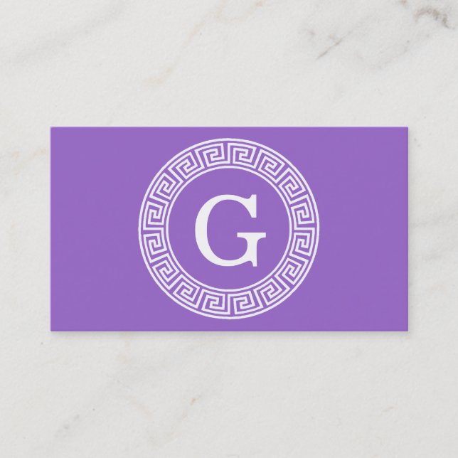 Amethyst Wht Greek Key Rnd Frame Initial Monogram Business Card (Front)