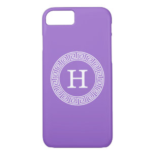 Amethyst Wht Greek Key Rnd Frame Initial Monogram Case-Mate iPhone Case