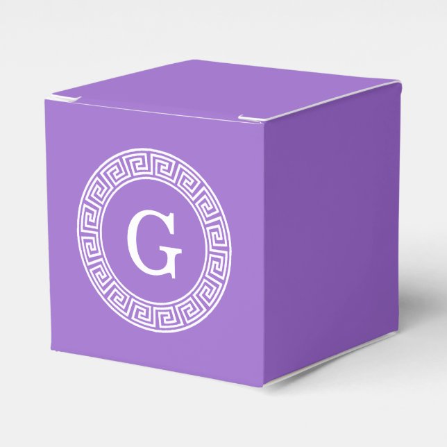Amethyst Wht Greek Key Rnd Frame Initial Monogram Favour Box (Front Side)
