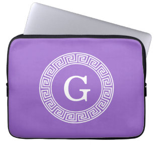 Amethyst Wht Greek Key Rnd Frame Initial Monogram Laptop Sleeve