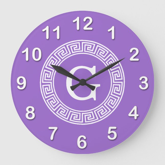 Amethyst Wht Greek Key Rnd Frame Initial Monogram Large Clock (Front)
