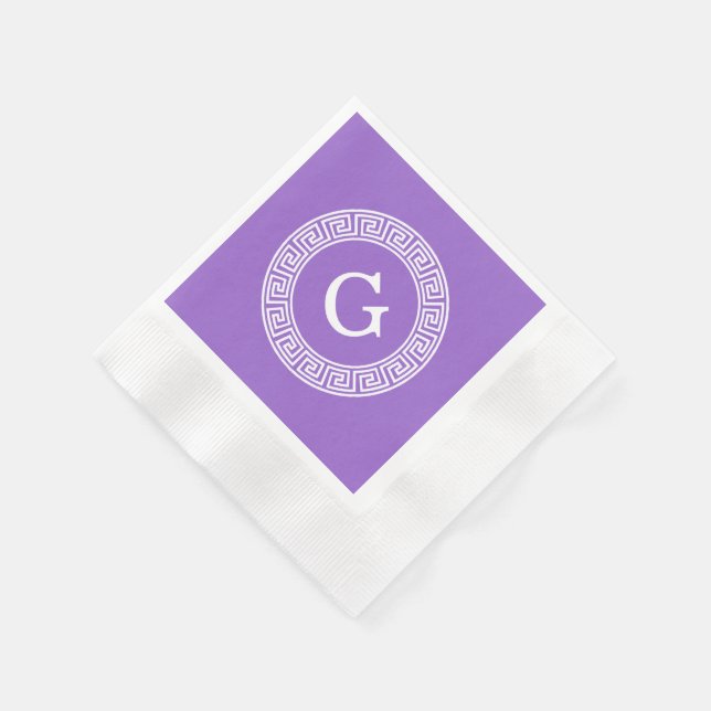 Amethyst Wht Greek Key Rnd Frame Initial Monogram Napkin (Corner)