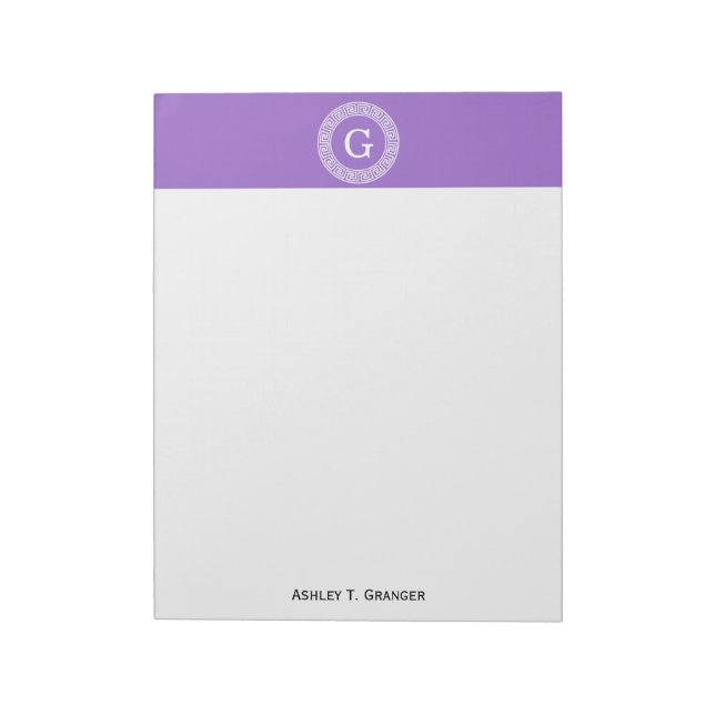 Amethyst Wht Greek Key Rnd Frame Initial Monogram Notepad (Rotated)