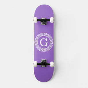 Amethyst Wht Greek Key Rnd Frame Initial Monogram Skateboard