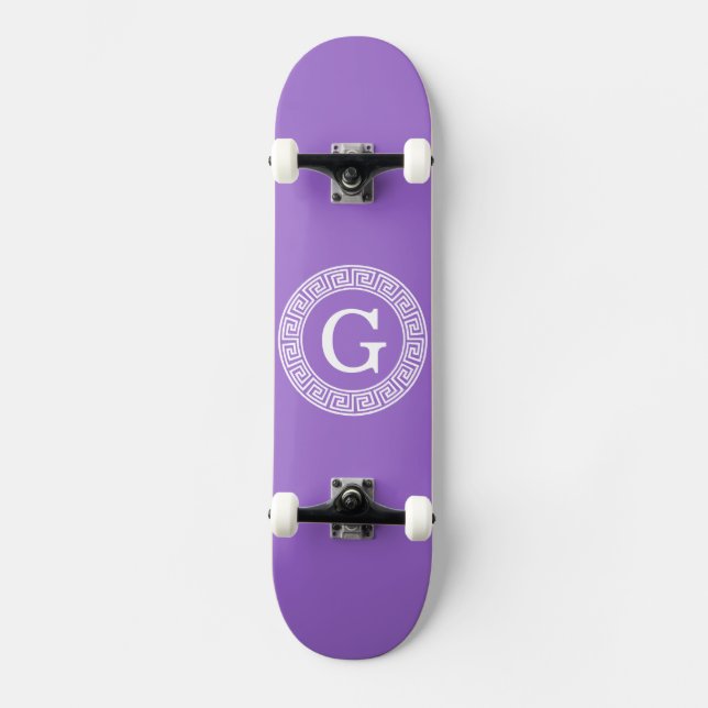 Amethyst Wht Greek Key Rnd Frame Initial Monogram Skateboard (Front)