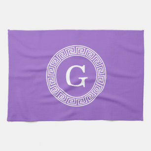 Amethyst Wht Greek Key Rnd Frame Initial Monogram Tea Towel