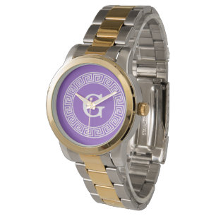 Amethyst Wht Greek Key Rnd Frame Initial Monogram Watch