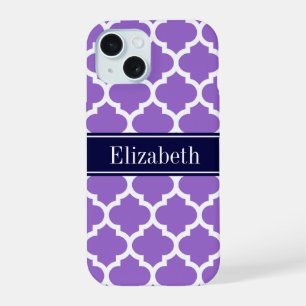 Amethyst Wht Moroccan #5 Navy Blue Name Monogram iPhone 15 Case