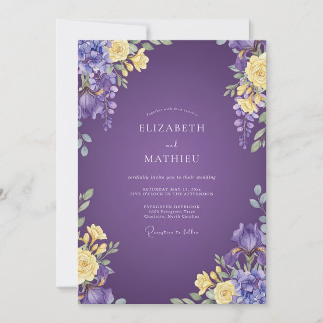 Amethyst Yellow Foliage Grey Eucalyptus Wedding Invitation (Front)