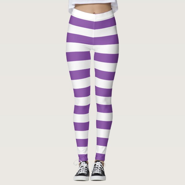 Améthyste and white colour horizontal striped leggings (Front)