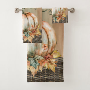Amiable Orange, White and Green Watercolor Pumpkin Bath Towel Set