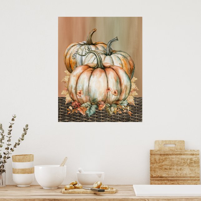 Amiable Orange, White and Green Watercolor Pumpkin Poster (Kitchen)
