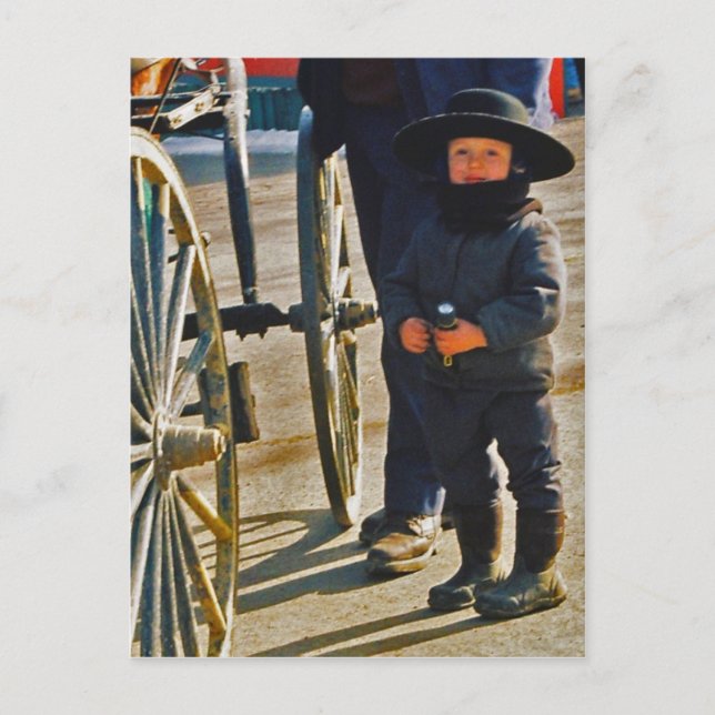 Amish Boy/Wagon Wheel Postcard (Front)