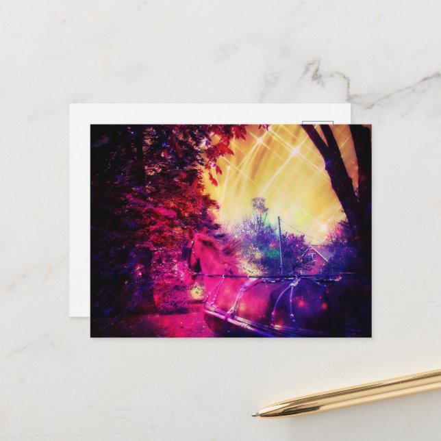 Amish Horse and Buggy Trippy Colourful Digital Art Postcard (Front/Back In Situ)