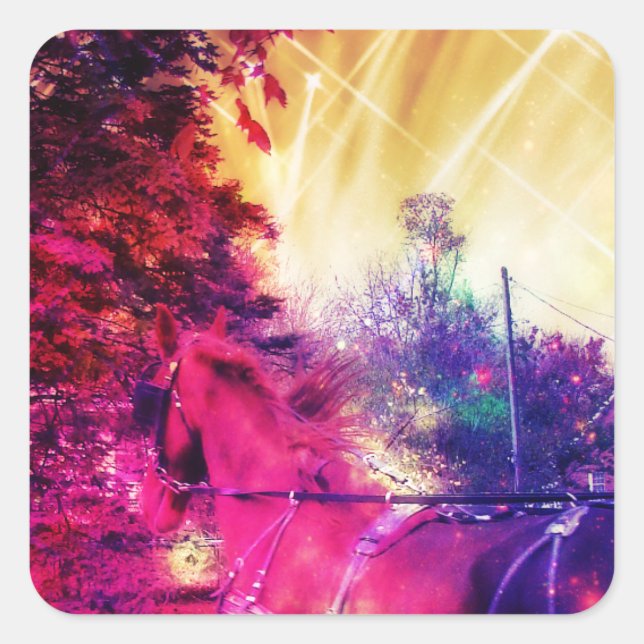Amish Horse and Buggy Trippy Colourful Digital Art Square Sticker (Front)