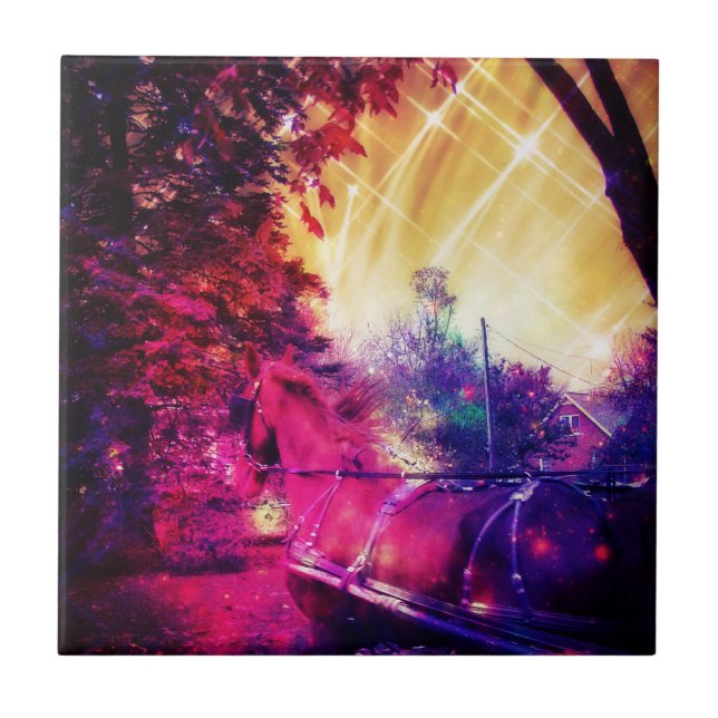 Amish Horse and Buggy Trippy Colourful Digital Art Tile (Front)