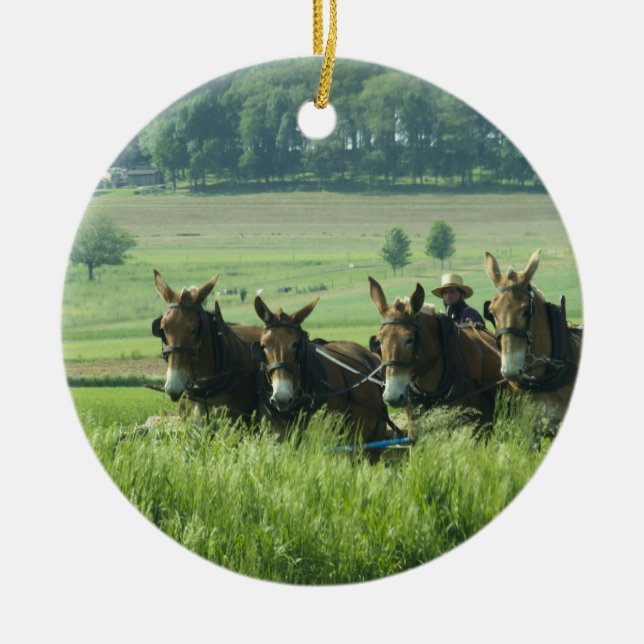 Amish Horse Drawn Plough Ceramic Tree Decoration (Front)