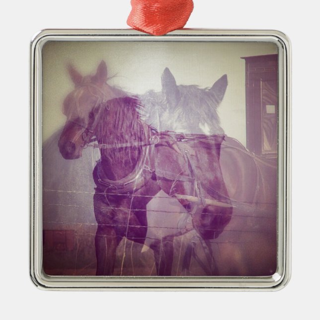 Amish horses digital collage metal tree decoration (Front)