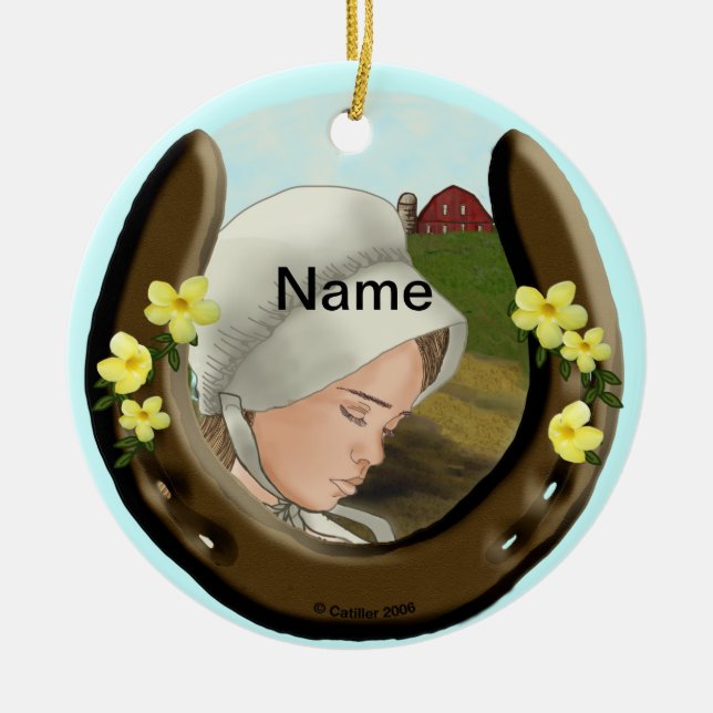 Amish Horseshoe Girl Ceramic Tree Decoration (Front)