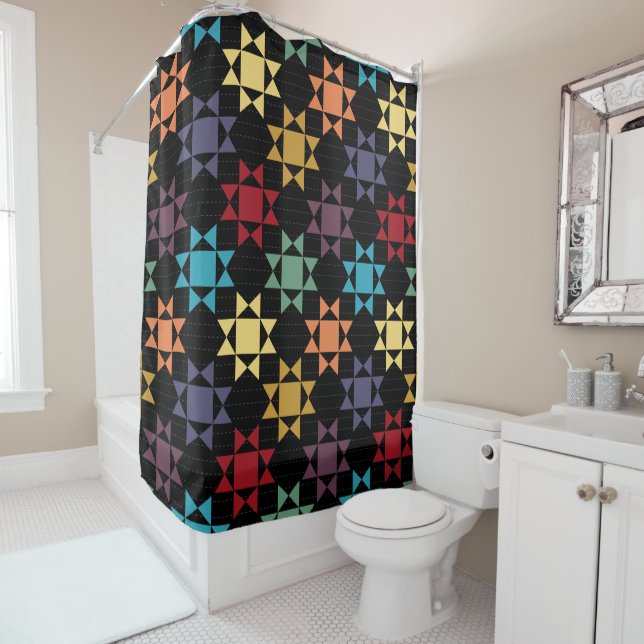 Amish Quilt Print Bright Colours on Black Patterne Shower Curtain (In Situ)
