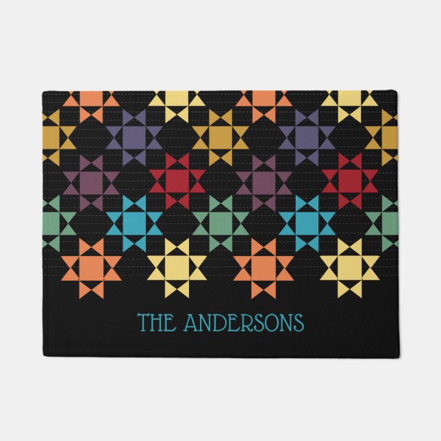 Amish Quilt Print Bright Colours Personalised Doormat (Front)