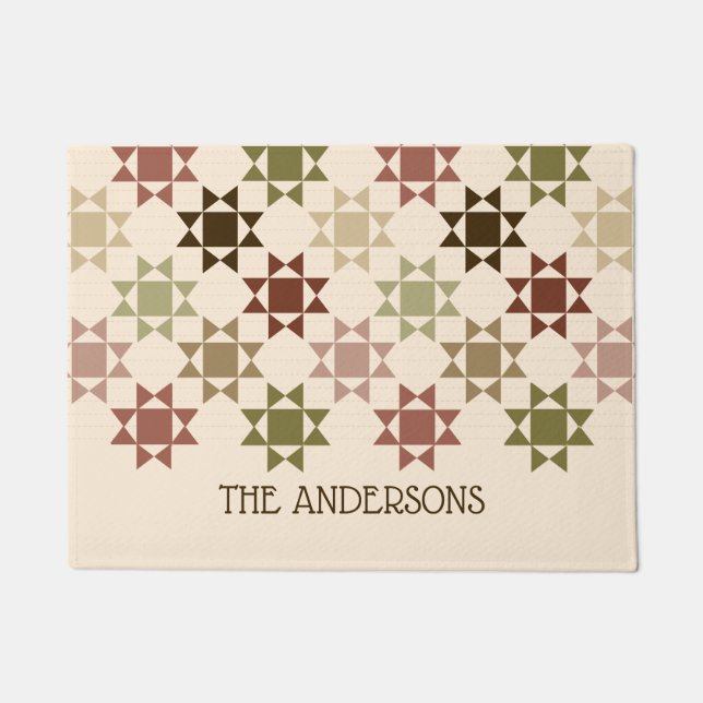 Amish Quilt Print Neutral Colours Personalised Doormat (Front)