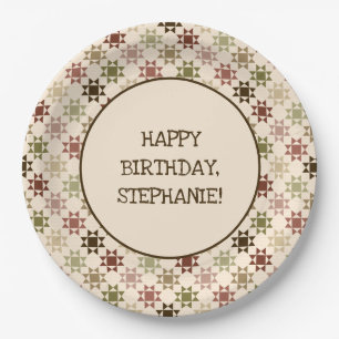 Amish Quilt Print Neutral Colours Personalised Paper Plate