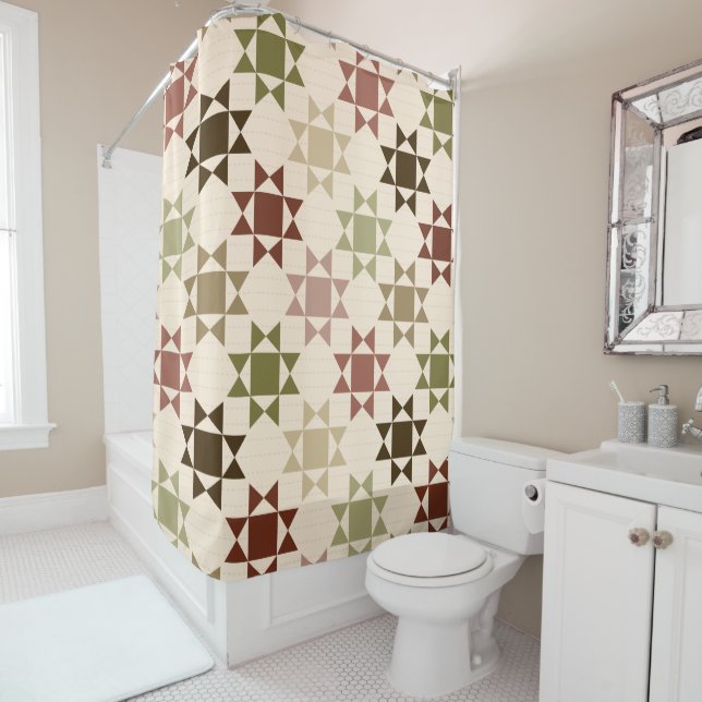 Amish Quilt Print Sage Green, Cream Patterned Shower Curtain (In Situ)