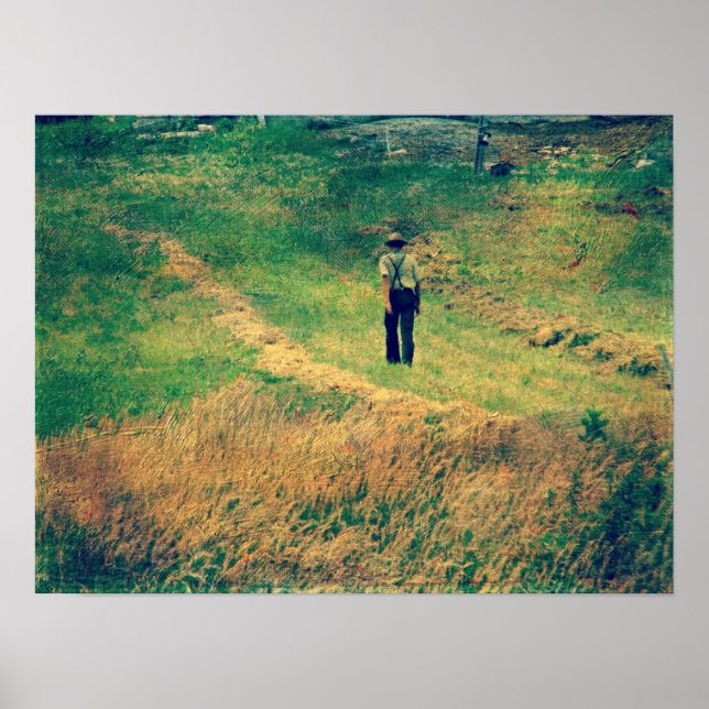 Amish Walking Beside Hay Field Poster (Front)